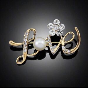 NWT Romantic Style Gold Love Letter Crystal & Faux Pearl Flower Brooch Pin